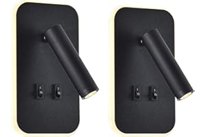 uksunvi Lámpara de pared LED, lámpara de pared de lectura junto a la cama, lámparas de lectura de pared LED de 12 W, foco ajustable （3 W + 9 W 3000 K luz cálida） (rectángulo negro 2PCS)