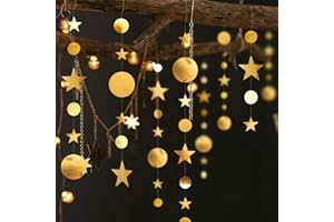 PINK BLUME 52 Ft Gold Twinkle Little Star Party Garlands Kit Metallic Matt Gross Big Paper Circle Garland Bunting Banner Decoration for Christmas Birthday Baby Shower Wedding Ramadan Mubarak Eid Party Kids Room