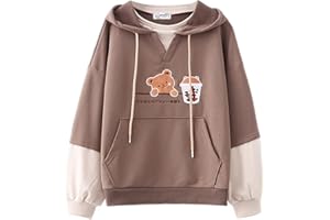 HIMI HIMIFASHION Süßer Kapuzenpullover für Teenager-Mädchen, Kawaii-Milchtee-Bär-Stickerei, Kapuzen-Sweatshirt, Patchwork, lockerer Pullover, Hoodies, Tops für Frühling und Herbst