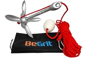 BeGrit Ancla Kayak 1,5kg Kit de Ancla Barco Plegable Pequeña para Moto de Agua Jet Ski Anclaje Agua de Acero Zincado con Cuerda Flotante de 10m y Bolsa de Transporte para Zodiac Capa Barca