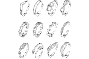 OHREN 12 pezzi Anelli da punta per donna, anelli aperti e regolabili, Set cavigliera e anello da piede, Cavigliera regolabile per piedi, Anelli per piedi donna con ferma anello (Argento)