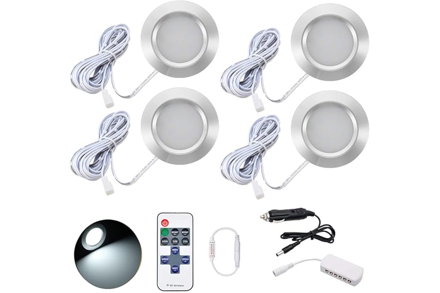 JUTTAUTO 12V LED Interior Spot Lights Remote Control Roof Spotlights Round Wall Lamps Ceiling Down Lights for Camper Van T4 T5 RV Caravan Boat Yacht (4 PCS) (4 PCS)