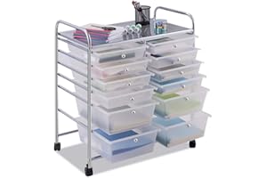 COSTWAY Carrito Auxiliar con Ruedas, Mueble Auxiliar Cocina con 12 Cajones Apilables, Carrito Organizador de Estructura Metálica para Cocina Oficina, Baño (Transparente)