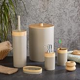 Deconox 5 Par&ccedil;a L&uuml;x Bambu G&ouml;r&uuml;n&uuml;ml&uuml; Banyo Seti | 10 Litre &Ccedil;&ouml;p Kovası ve Antibakteriyel Tuvalet Fır&ccedil;ası (KREM)