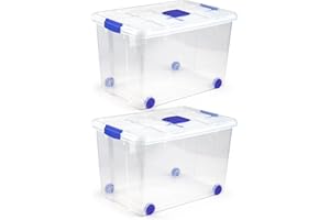 KINGNET Cajas Almacenaje Plástico con Tapa y Cierre a Presión, Cajas Oranizadoras Transparente, Perfecta para Almacenar Ropa, Juguete, Libro y Productos de hogar (Nº4-55Litros, Pack 2 unidades)