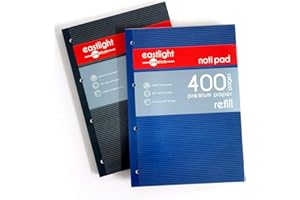 EASTLIGHT PREMIUM Eastlight Notipad A4 Refill Pad, 4 Hole Punched 400 Pages, Pack of 2, Sidebound Feint Ruled with Margin, Assorted Colours
