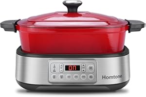 ‎HOMTONE Homtone Slow Cooker Schongarer 6-in-1, 5,5L Multikocher Programmierbarer Abnehmbarer Emaille-Schmortopf, Keramik-Antihaftbeschichtung, Langsames Garen, Anbraten, Dämpfen mit Dampfgarrost, Rot