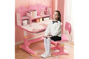 IONDELCE Kinder Schreibtisch und Stuhl Set, höhenverstellbar Kinder Studie Tisch Stuhl Set mit Astronaut Muster, Ergonomische Schreibtischstuhl mit großen Schreibtafel, Bücherregal und Schublade (Rosa B)