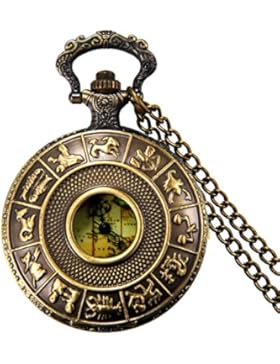 JewelryWe Retro Taschenuhr 12 Sternzeichen Tierkreis Weltkarte Herren Unisex Kettenuhr Analog Quarz Uhr mit Halskette...