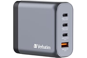 Verbatim GaN Charger 140 W, 4 Ports USB-C Ladegerät, Power Adapter mit 3 x USB-C und 1 x USB-A, Schnellladegerät als Mehrfachstecker, für Apple MacBook, Notebook, iPad, iPhone, Samsung und Co
