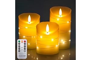 DANIP LED flammenlose Kerze mit eingebetteter Lichterkette, 3-teilige LED-Kerze mit Fernbedienung, 24-Stunden-Timer-Funktion, tanzende Flamme, echtes Wachs, batteriebetrieben.