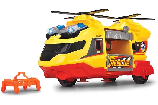 Dickie Toys: Hélicoptère de Sauvetage – Jaune et Rouge – Véhicule Jouet Lumineux et sonore de 27,9 cm, civière et Bras de Grue Extensible, Base à Roue Libre, Enfants à partir de 3 Ans