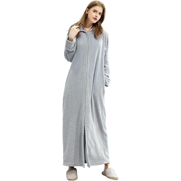 Robe De Chambre Longue Femme En Flanelle Douce - Capuche, Fermeture éclair, Poches, Ceinture - Taille XS à XXL