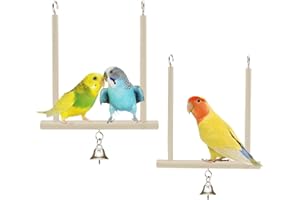 CINY 2 pcs Bird Toys Natural Solid Wooden Swings Stand Birds Cages Accessories, Hanging Toy Pet Swing with Bell Mimics Their Natural Habitat, Parrot Chewing Toy for Budgie, Cockatiels, Finches