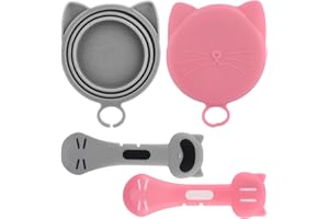 JOYIAL 4pcs/set Cat Food Can Lid and Spoon,Silicone Cover for Animal Wet Food Storage, Reusable Topper for 3/5 /5.1/5.5/13/ 13.2 oz Cans(Pink, grey)