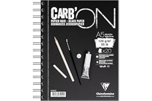 Clairefontaine 975042C Bloc Spiralé Carb'ON - 20 Feuilles Papier Dessin Noir A5 14,8x21 cm 120g - Idéal pour le Dessin et le Croquis au Crayon ou au Marqueur Blanc