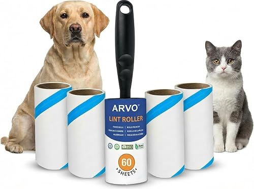 ARVO Lint Roller, 5 Pack 300 Sheets, 1 Handle, Pet Hair Remover for Clothes, Dog and Cat Hair, Fluff Remover, Sticky Lint Roller Refills, 60 Sheets per Roll