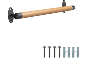 SELEWARE Main courante en bois de 66 cm pour escalier d'intérieur - Main courante murale avec barquettes en métal robuste - Barre d'appui d'escalier sans barrière pour personnes âgées - Rond de 3,3 cm