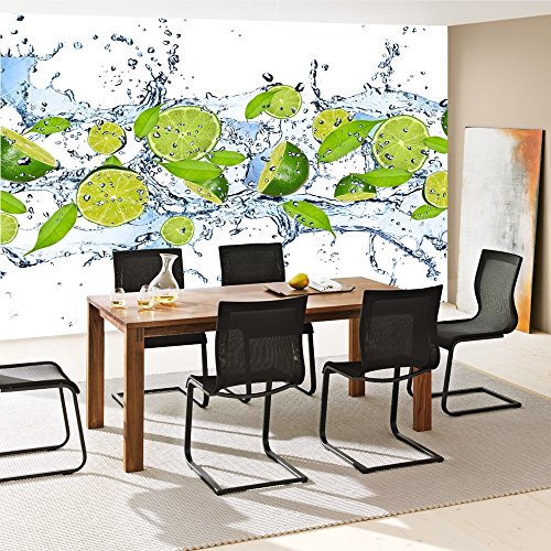 Vlies Fototapete PREMIUM PLUS Wand Foto Tapete Wand Bild Vliestapete – Limetten Wasser Blätter Tropfen Obst Frucht – no. 864, Größe: 300 x 210 cm Vlies - 8