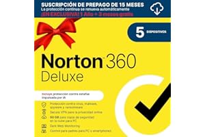NORTONLIFELOCK Norton 360 Deluxe 2025 |Antivirus 5 Dispositivos|15 meses con renovación automática| Descarga digital