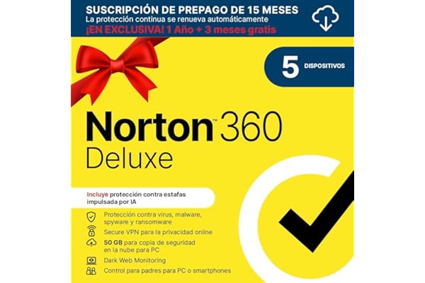 Norton 360 Deluxe 2025 |Antivirus 5 Dispositivos|15 meses con renovación automática| Descarga digital