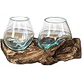 Teak Root with Double Mini Molten Glass Bowl 25x13x10cm Rustic Wood Base Home Decoration