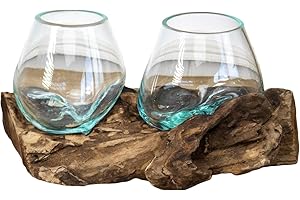 DARTHOME Teak Root with Double Mini Molten Glass Bowl 25x13x10cm Rustic Wood Base Home Decoration