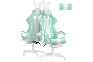 Ferghana Silla Gaming Ergonomica con Masaje Racing y Reposapiés Kawaii, Sillon de Juegos Gamer con Reposacabezas Reclinable y Orejas de Conejo para Oficina, Verde Menta