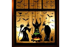 CONSTPROG Halloween Decorations Window Clings - Large Witches with Cauldron Bats Spider Black Cat Silhouette Halloween Window Stickers Decals for Home Indoor Office Party Decor Supplies