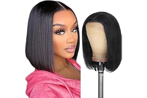 Creuost Straight 4x4 Lace Frontal Short Bob wig Human Hair 150% Dichte Wear and Go Glueless Pre Cut Lace Frontal Unprocessed Brazilian Virgin Human Hair For Women 1b Natural Black 10 Inch