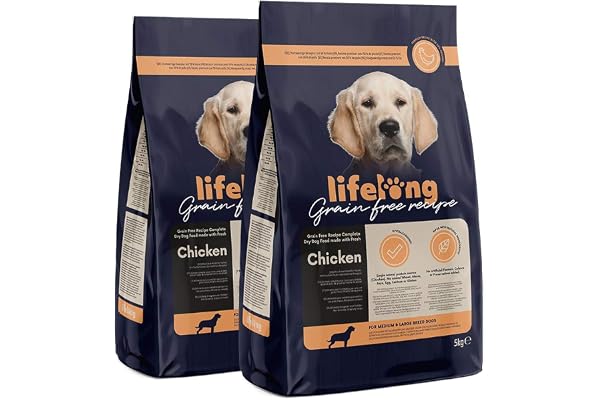 Marque Amazon - Lifelong Aliment complet pour chiens de races moyenne et grande sans céréale élaboré avec de la viande fraîche de poulet - 5kg*2