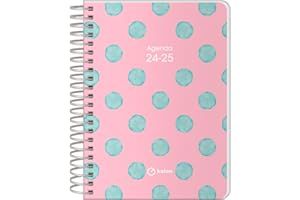 Dohe - Agenda Escolar 2024 2025 - Día por Página, Tamaño A6 (12x17 cm), Cierre de Anillas, Español e Inglés, Septiembre a Junio, Material Escolar - KALON Dots