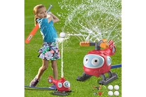 SKERITO Water Sprinkler for Kids 2 In 1 Water Play Spray Toys Backyard Spinning Airplane Outdoor Sprinkler Helicopter Shape with Baseball Game Set,Garden Lawn Party Game,Bat & Ball Include
