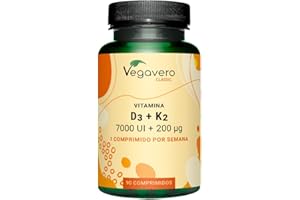 Vegavero Vitamina D3 y K2 + Calcio | PARA 20 MESES | Alta Dosis 7000 UI + 200 mcg All-Trans MK-7 | Sistema Inmune, Huesos y Músculos | Testado en Alemania | 90 Comprimidos | Sin Aditivos y Vegano