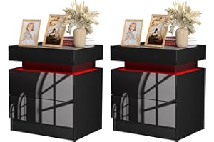 ‎PIPIPOXER PIPIPOXER 2er Set Nachttisch mit LED Beleuchtung, Beistelltisch in Schwarz mit großen Stauraum,Nachttische aus Holz mit 2 Schubladen Nachtschrank für Wohnzimmer,Schlafzimmer,Bett Schwarz 45x35x52cm