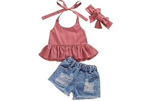 Geagodelia Completo Bambina Estivo in 3 Pezzi Top Senza Maniche con Volant+Pantaloncini in Jeans + Fascia con Fiocco Set di Vestiti Abiti Tuta Bambine Estate 1-6anni