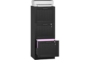 HOMCOM 3 Drawer File Cabinet with Lock, Vertical Filing Cabinet with Adjustable Hanging Bars for A4 and Letter Size File Folders, Printer Stand with Storage, Black