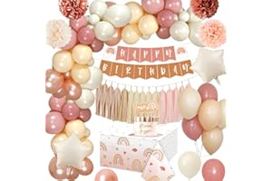 YYDSXK Décoration Anniversaire Boho, Ballons Anniversaire Fille Avec Bannière de Happy Birthday, Nappe de Table, Rétro Rose Abricot Kit de Guirlande Ballon pour Baby Shower Deco Anniversaire Fournitures