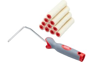 ProDec Lot de 11 articles, 10 mini-rouleaux laqueurs mohair 100 mm et monture, finition lisse avec peinture brillante/satinée, vernis, lasure sur plinthe, rebord de fenêtre, porte, placard, métal