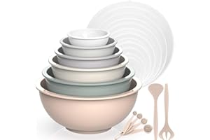 AIKKIL Rührschüssel 6er set, Plastiknist Salatschüssel mit Deckel, Schüssel mit Deckel, Enthält 2 Gabeln & 4 Messlöffel, BPA-frei & Stapelbar, ideal zum Mischen und Servieren(Khaki,18)