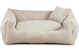 Gutekissen® Hundebett aus weichem Material, gefüllt mit Polyurethanschaumstoff, Geripptes Material, schmutzabweisend, Farb- und Größenwahl, inklusive kleines Kissen. (L - 90x75, Beige)