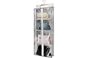 JC-Houser Transparent Hanging Handbag Organizer, Easy Access Purse Storage Holder Over the Door Shelf Space Saving 4 Pockets for Closet Bedroom Living Room(L-Gray)