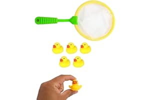 D.A.Y. REPUBLIC 5 Mini Yellow Rubber Ducks with Fishing Net, Children's Bath Toy, Great for Paddling Pool Games and Bathtub Play, Colour Sent at Random (One Pack)