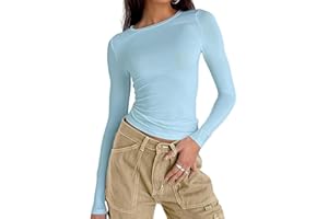 OYIGELZ Langarmshirt Damen Klassischer Basic T-Shirt Crop Tops Y2K Slim Fit Oberteile Sweatshirt Casual Rundhals Tee Shirt