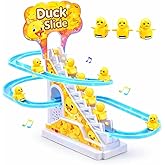 TEC TAVAKKAL Duck Slide Toy Set, Funny Automatic Stair-Climbing Ducklings Cartoon Race Track Set Duck Roller Coaster Escalator Toy with Flashing Lights & Music (Duck Slide Track Set)
