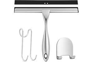 SURFOU Limpiacristales de Ducha 25 cm con 2 Ganchos, Acero Inoxidable,Limpia Cristales, Sin Marcas de Agua, Autoadhesivo, Instalación Fácil Sin Taladro, Ideal para Baño y Cocina, Accesorios de Baño