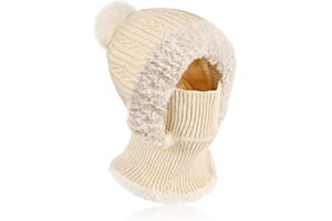 AYPOW Hiver Chaud Tricoté Bonnet et Ensembles De Cache-Cou, Balaclava Chapeaux Femme Écharpe à Capuche Cagoule Coupe-Vent Avec Pompon Doublure Polaire Masque Facial Pour De Plein Air
