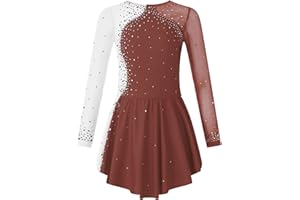 ranrann Enfant Fille Robe Patinage Artistique Manches Longues Strass Brillant Justaucorps Gymnastique Bodysuit Sport Costume Spectacle 5-16 Ans