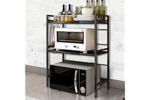 BUTUN Mikrowellen Regal, Ofengestell, 2-lagiges Erweiterbares Mikrowellenständer, Mikrowellenhalter Organizer, Küchenregal Stehend, Arbeitsplatte Küche mit Haken (schwarz)