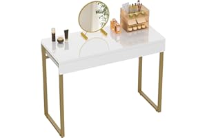 GreenForest Cómoda con 2 cajones de Color Blanco Brillante 100 x 40 cm Moderna Mesa de computadora de Sin Espejo maquilladora, pequeño Espacio Muebles de Dormitorio de piernas metálicas de Oro